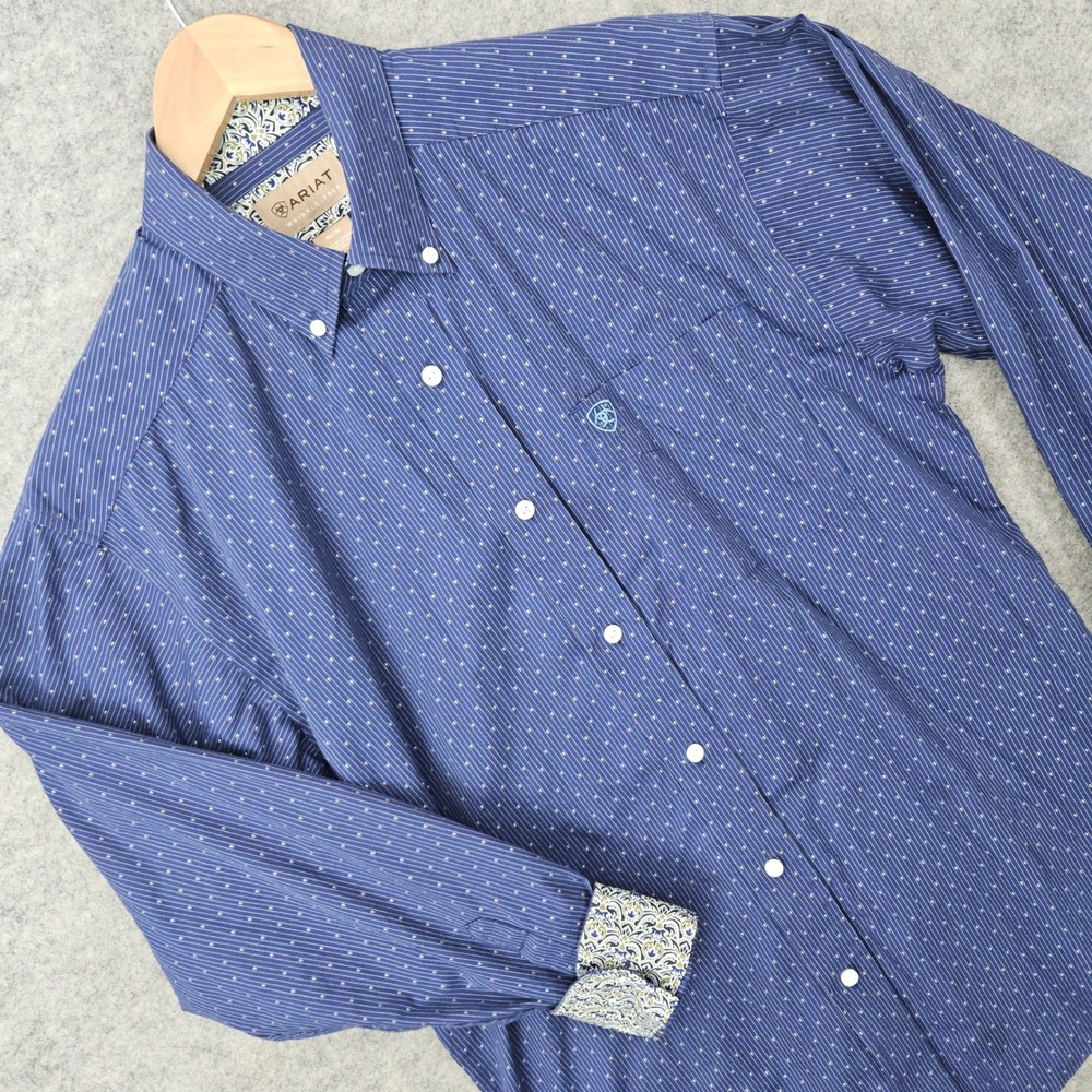 Ariat Button Down Shirt Men's Medium Blue Geometric Pinstripe Paisley Trim SNAG
